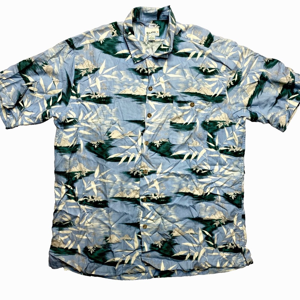 Island Waves Shirt Mens Large Blue Short Sleeve 100% Silk Button Up Beach Resort